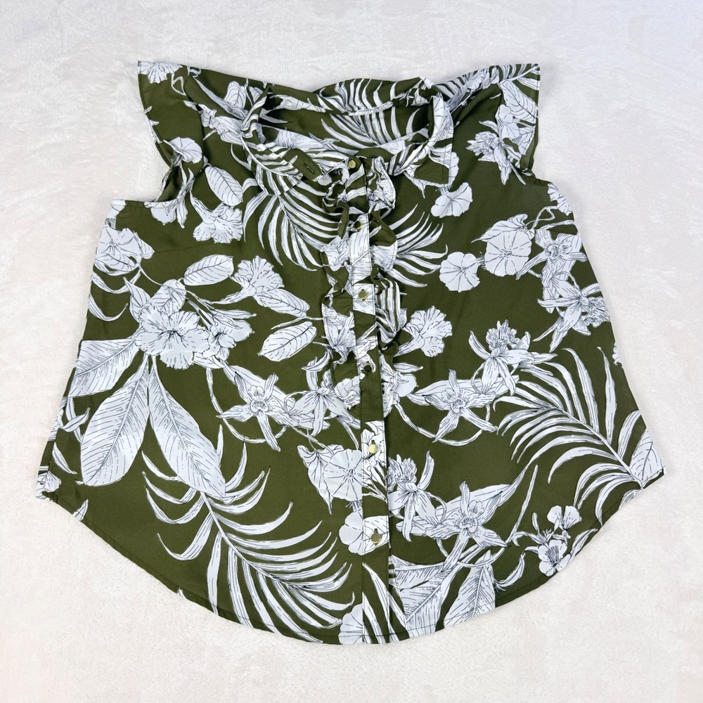 Liz Claiborne Sleeveless Ruffle Blouse Womens XL Olive Green Tropical Floral